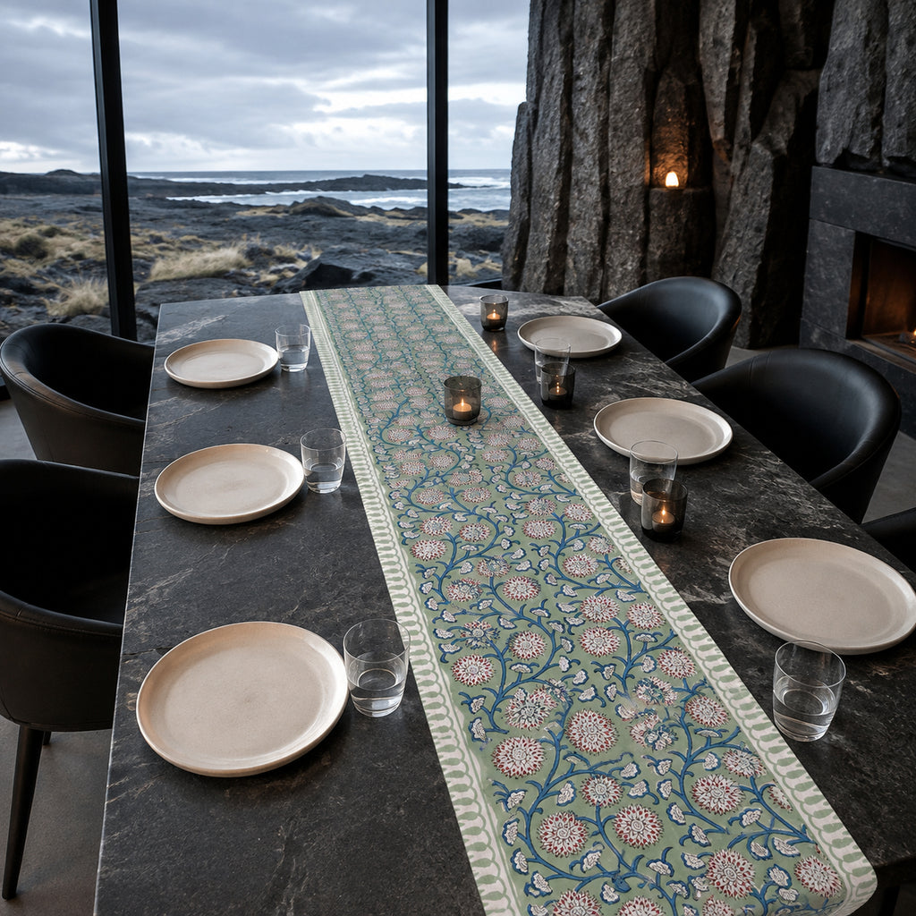 Sage Blue-Vine Floral Table Runner, styled on a dining table.