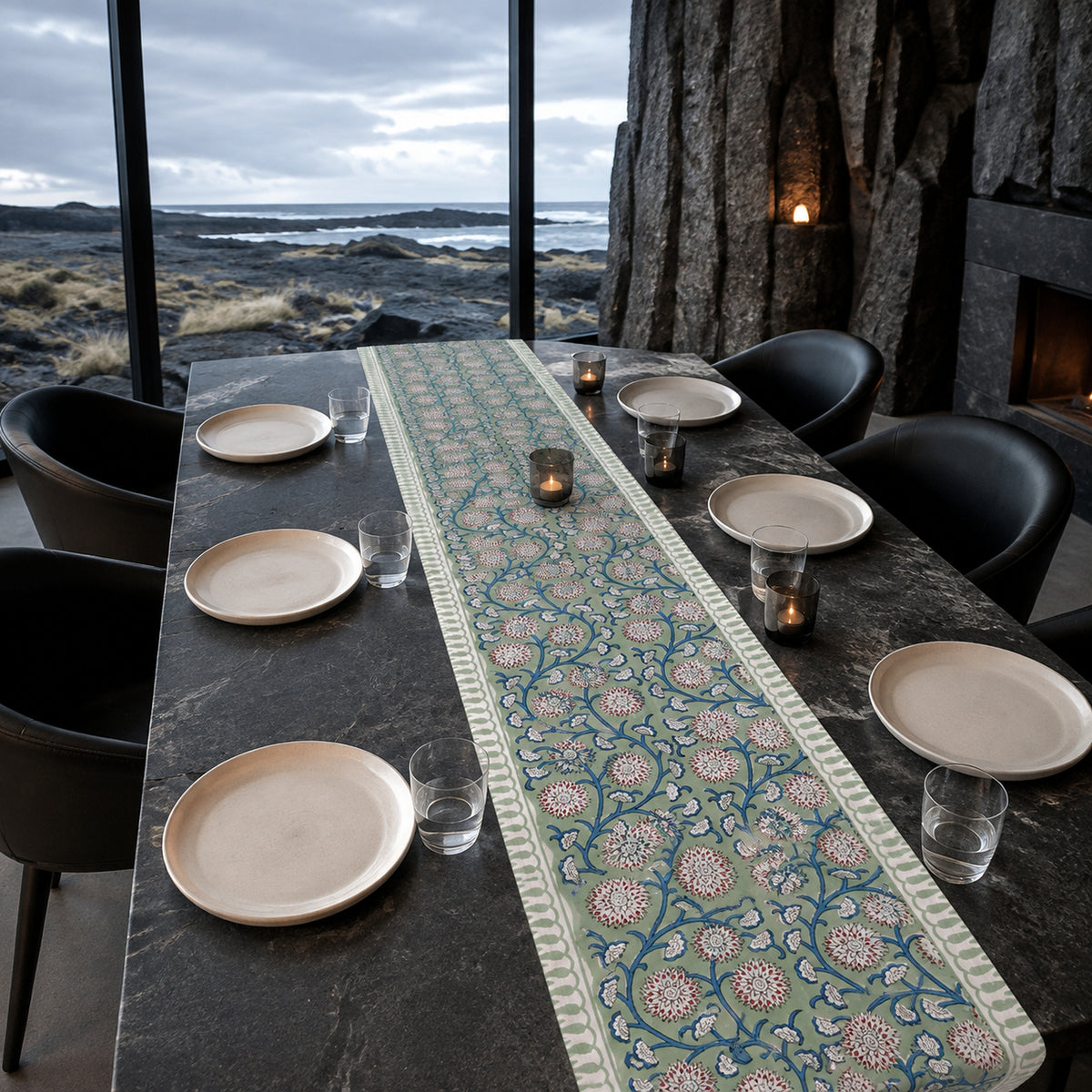 Sage Blue-Vine Floral Table Runner, styled on a dining table.