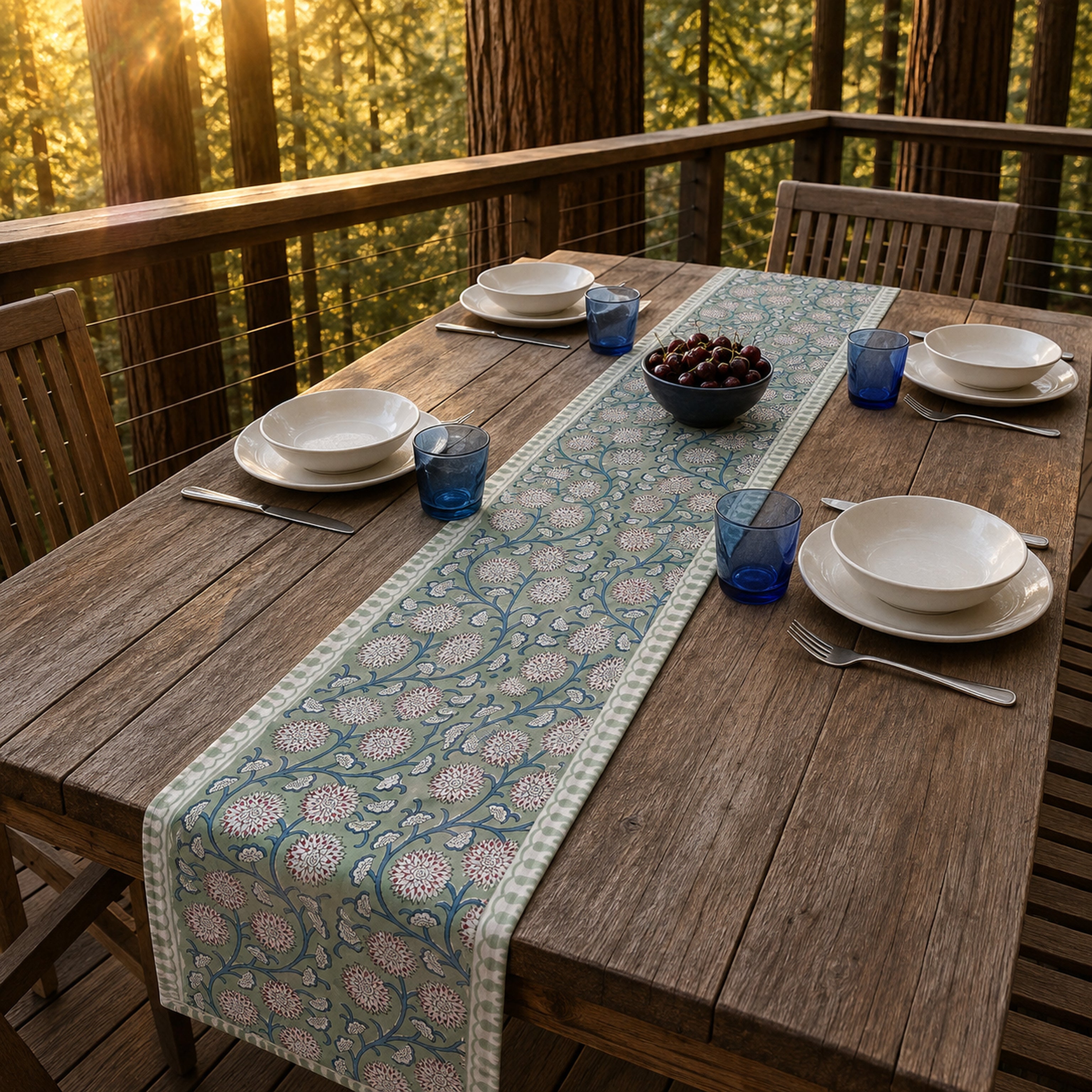 Sage Blue-Vine Floral Table Runner, styled on a dining table.