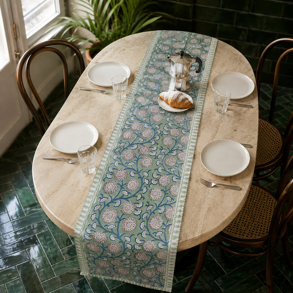 Sage Blue-Vine Floral Table Runner, styled on a dining table.