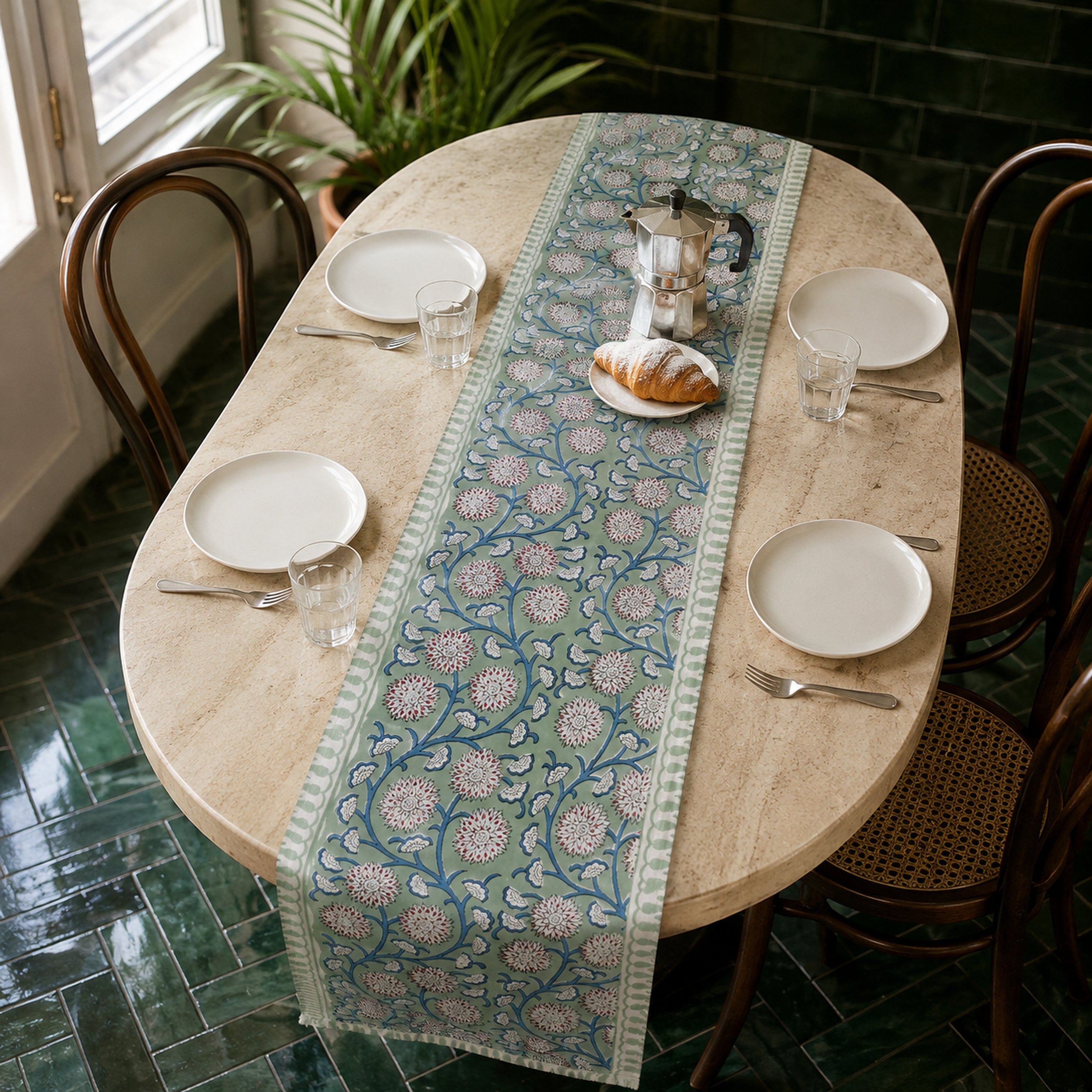 Sage Blue-Vine Floral Table Runner, styled on a dining table.