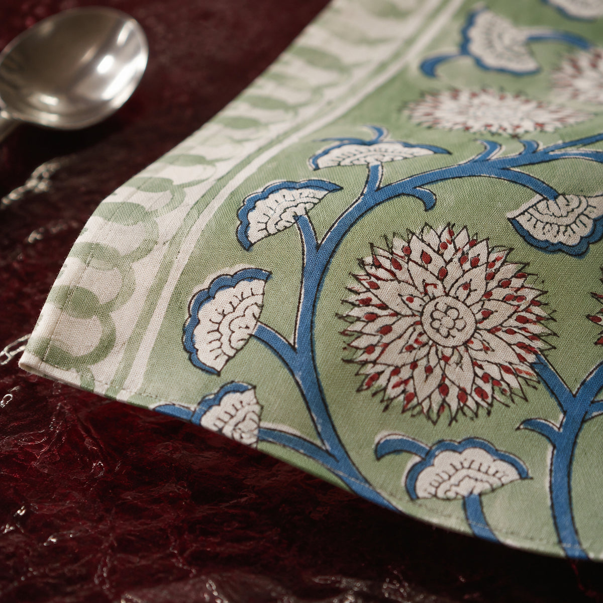 Sage Blue-Vine Floral Table Runner, close-up of the print and edge details.