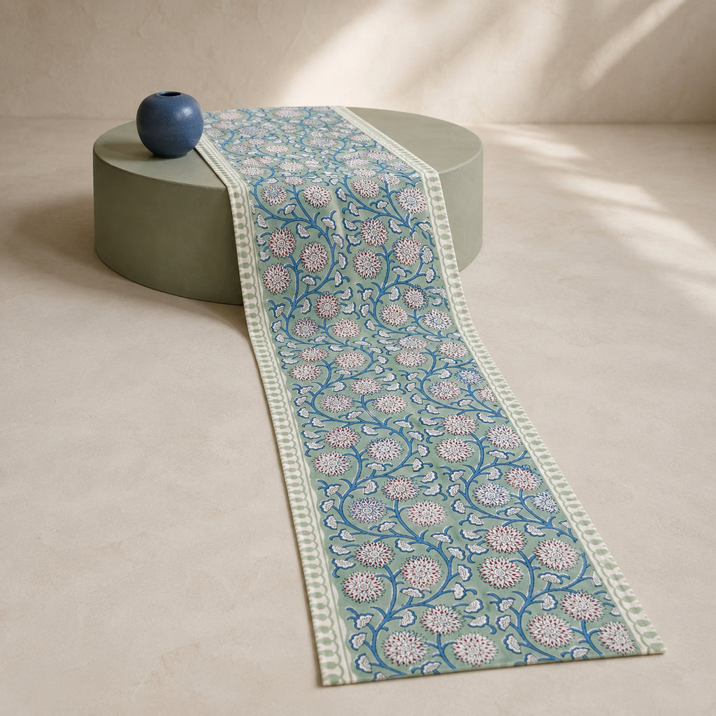 Sage Blue-Vine Floral Table Runner, full-length product view.