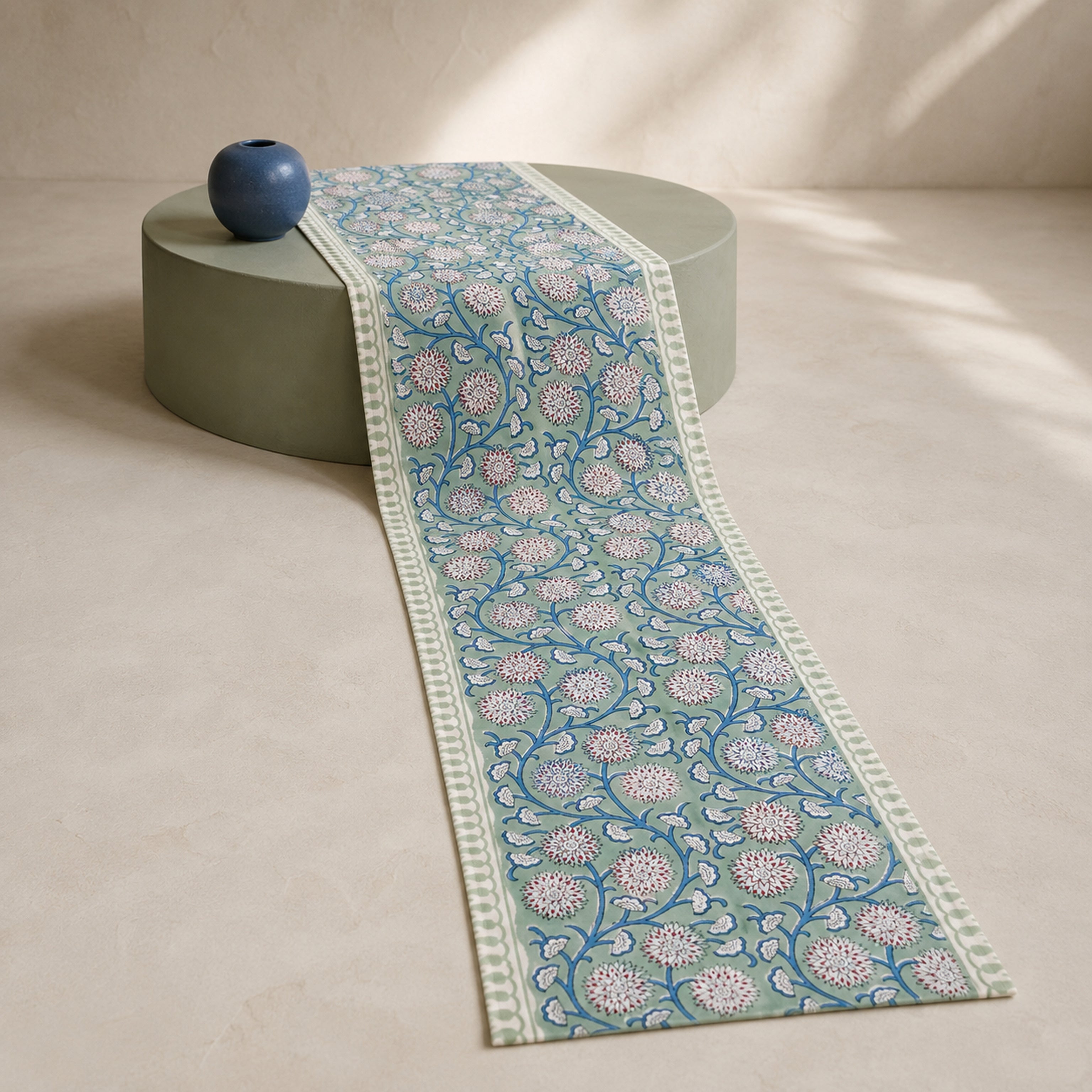 Sage Blue-Vine Floral Table Runner, full-length product view.