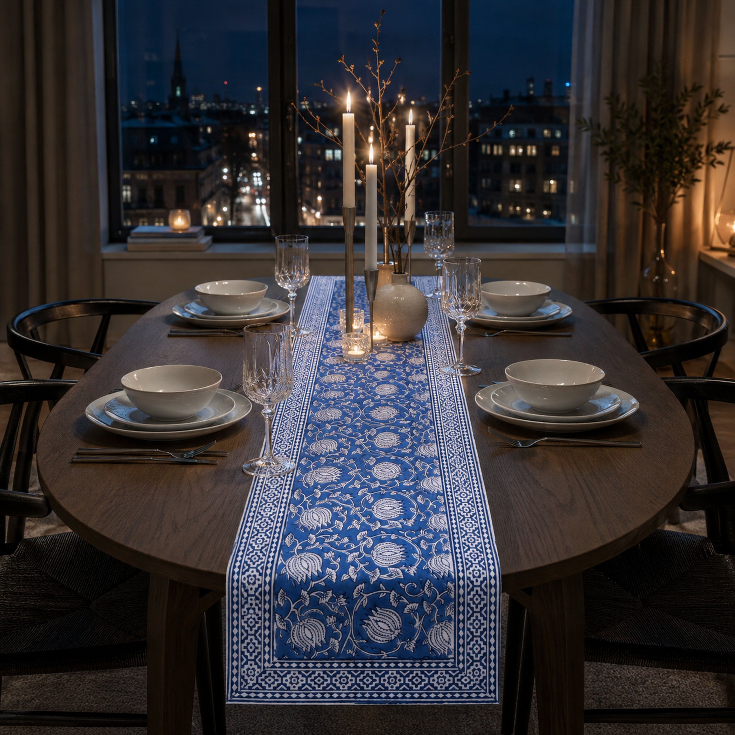 Royal Blue Lotus Vine Table Runner, styled on a dining table.