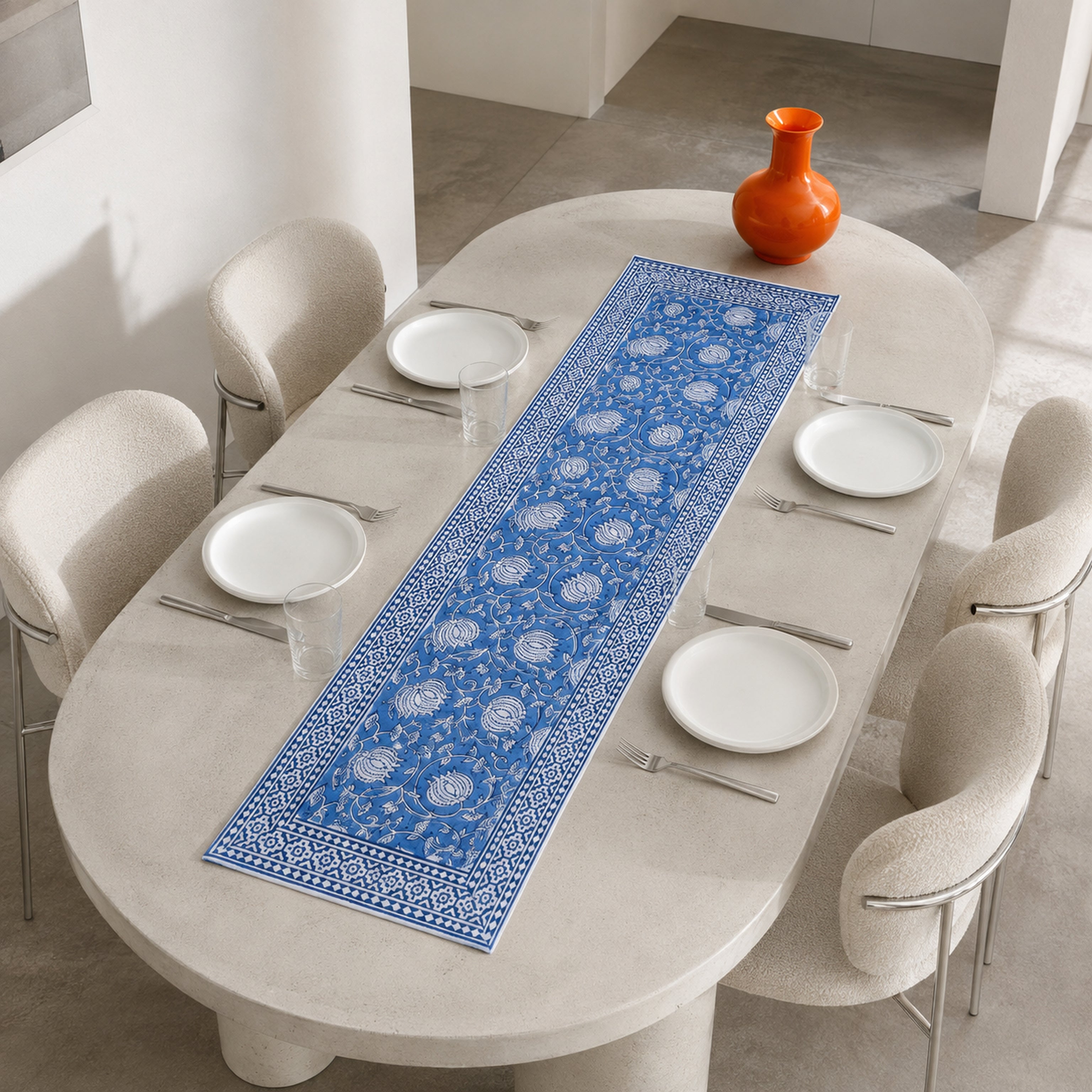 Royal Blue Lotus Vine Table Runner, styled on a dining table.