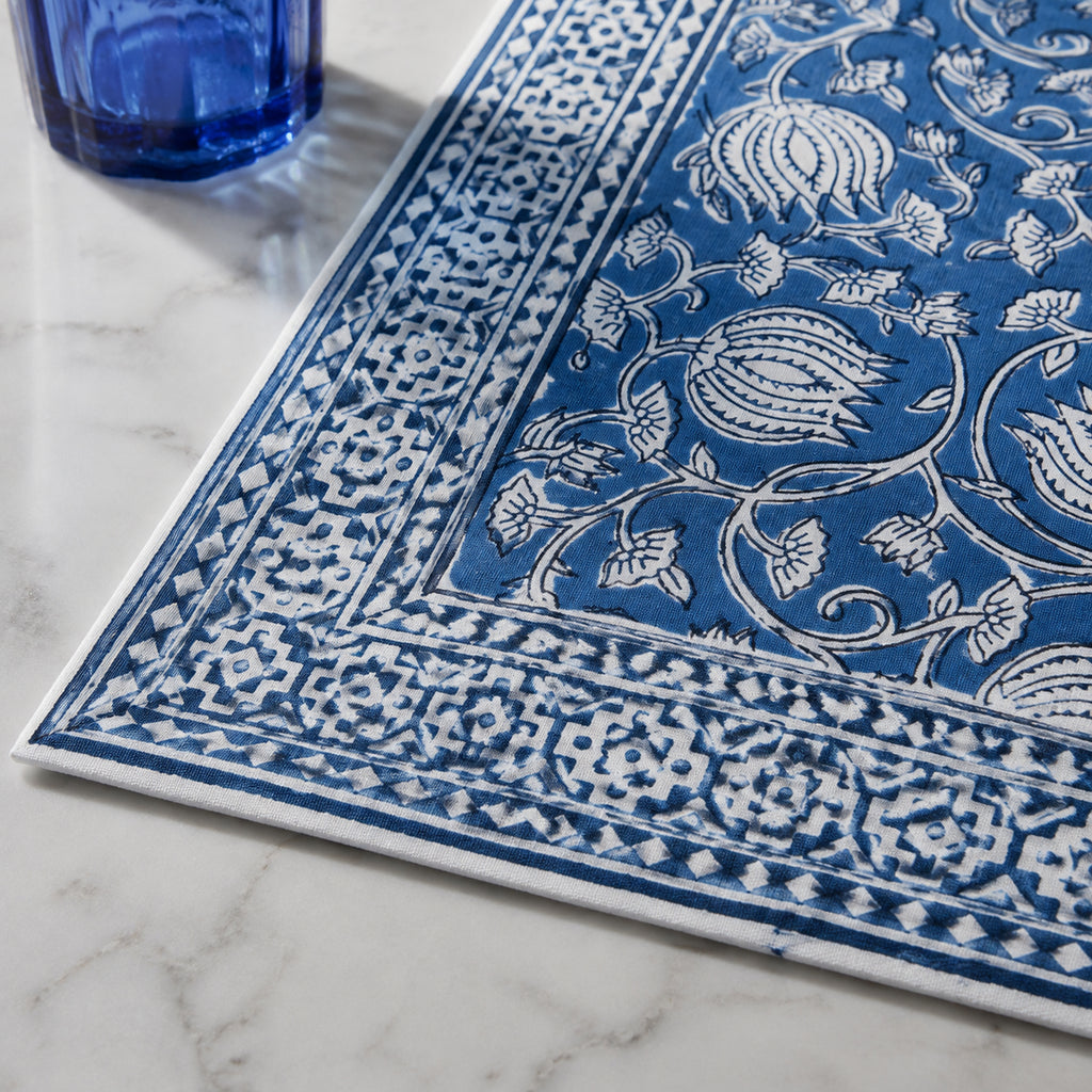 Royal Blue Lotus Vine Table Runner, close-up of the print and edge details.