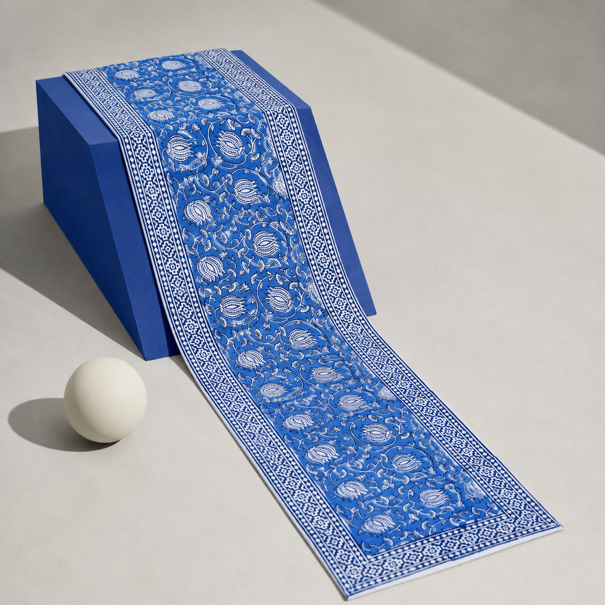 Royal Blue Lotus Vine Table Runner, full-length product view.