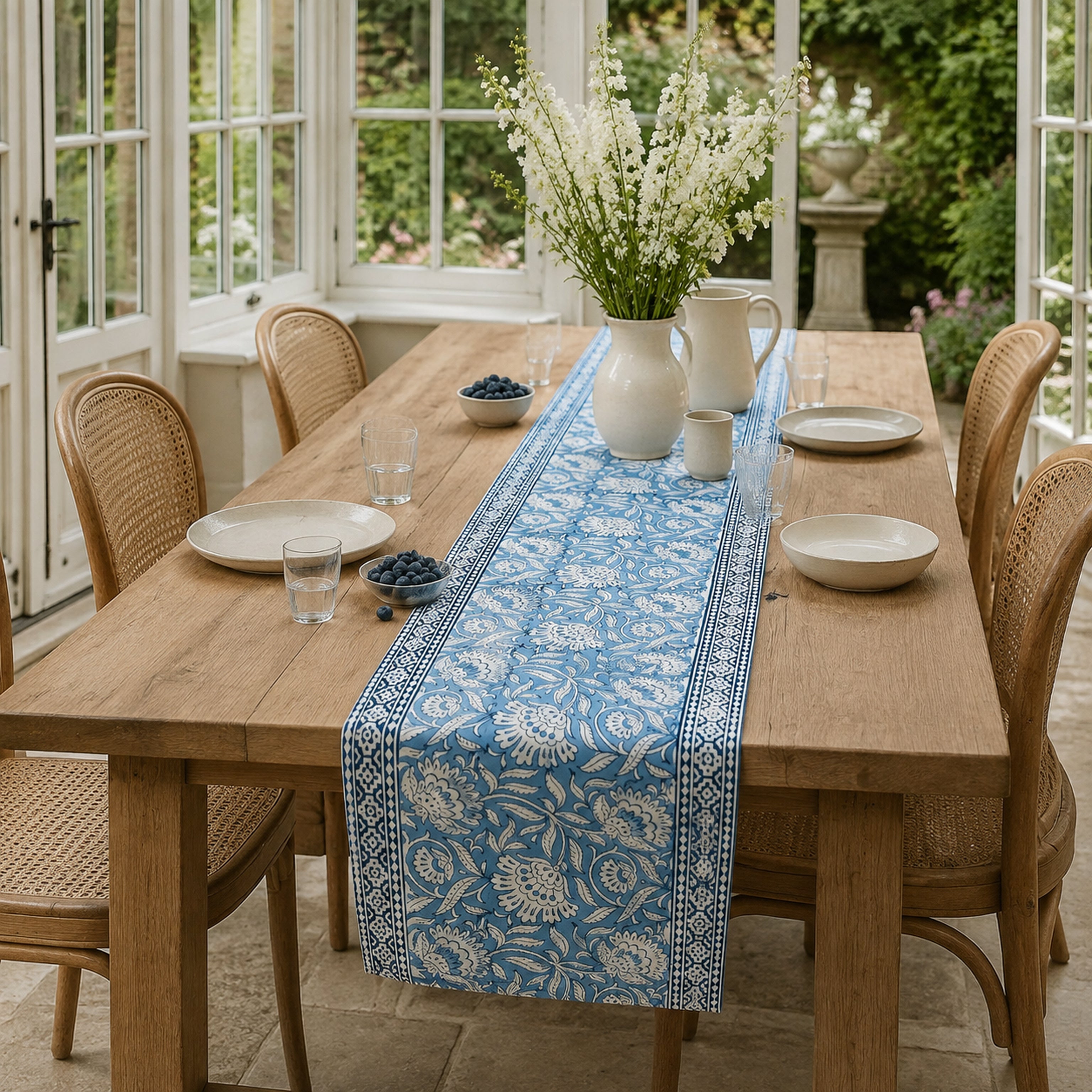 Dusty Blue Floral Vine Table Runner, styled on a dining table.