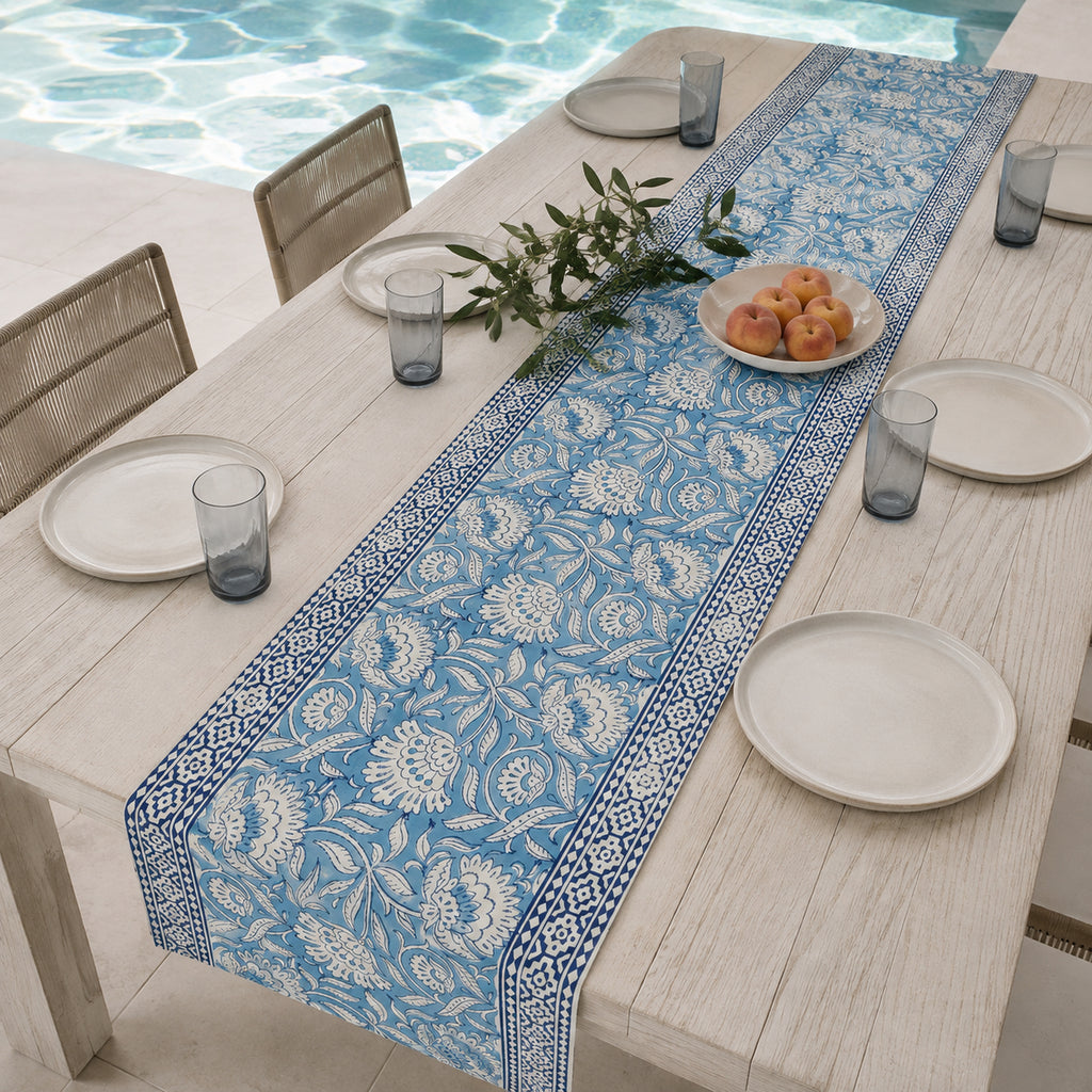 Dusty Blue Floral Vine Table Runner, styled on a dining table.