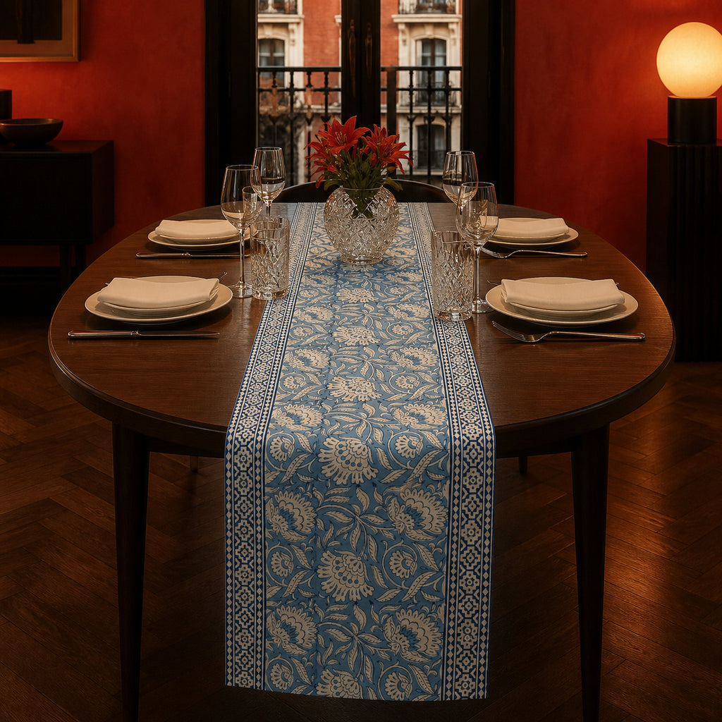 Dusty Blue Floral Vine Table Runner, styled on a dining table.