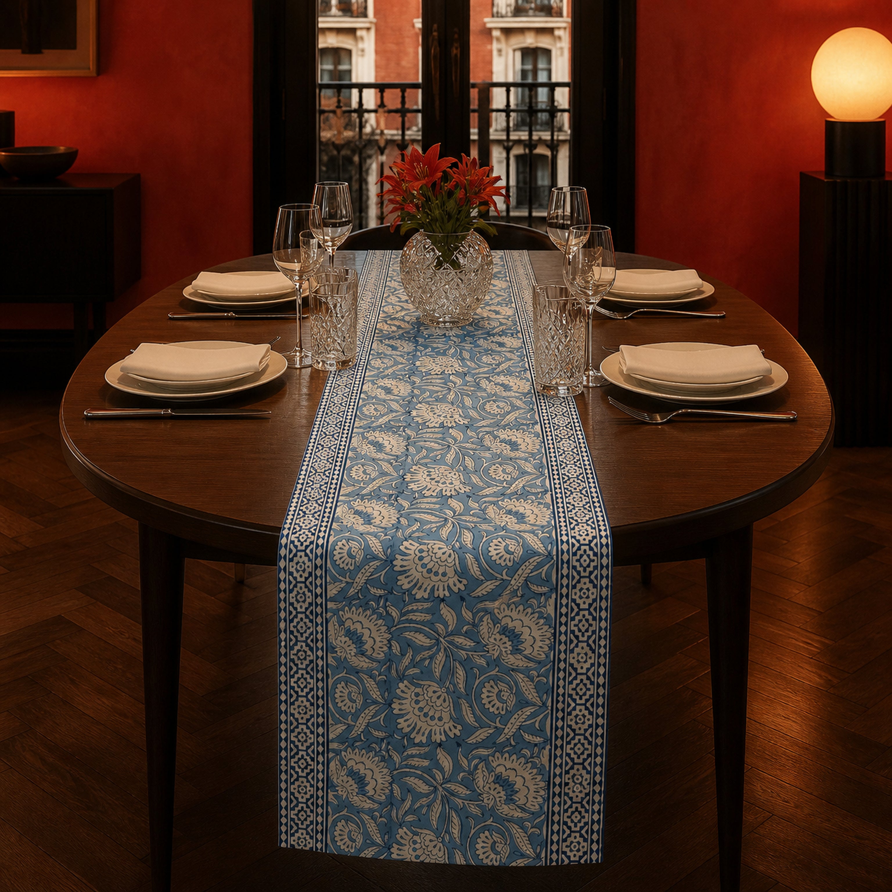Dusty Blue Floral Vine Table Runner, styled on a dining table.
