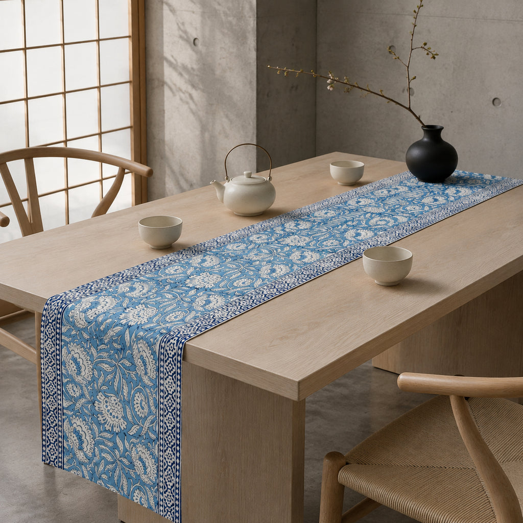 Dusty Blue Floral Vine Table Runner, styled on a dining table.