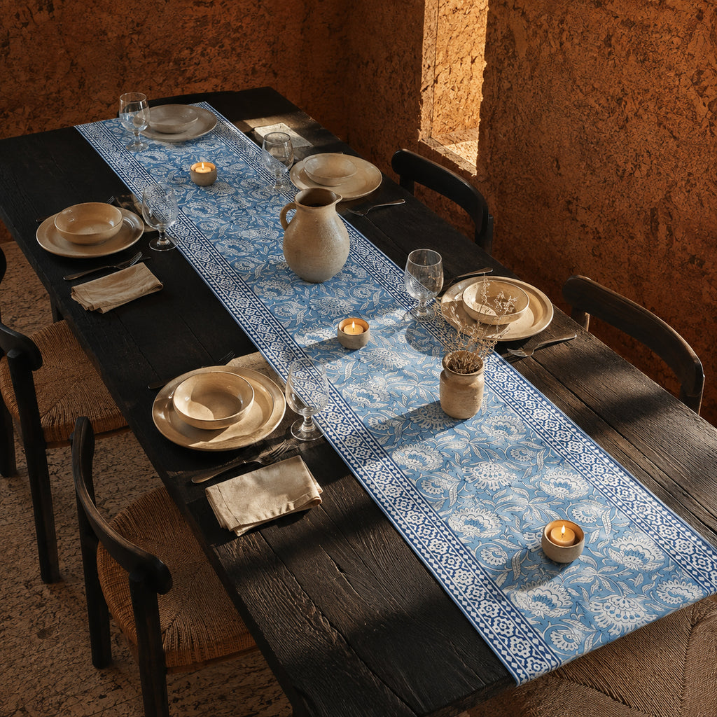 Dusty Blue Floral Vine Table Runner, styled on a dining table.