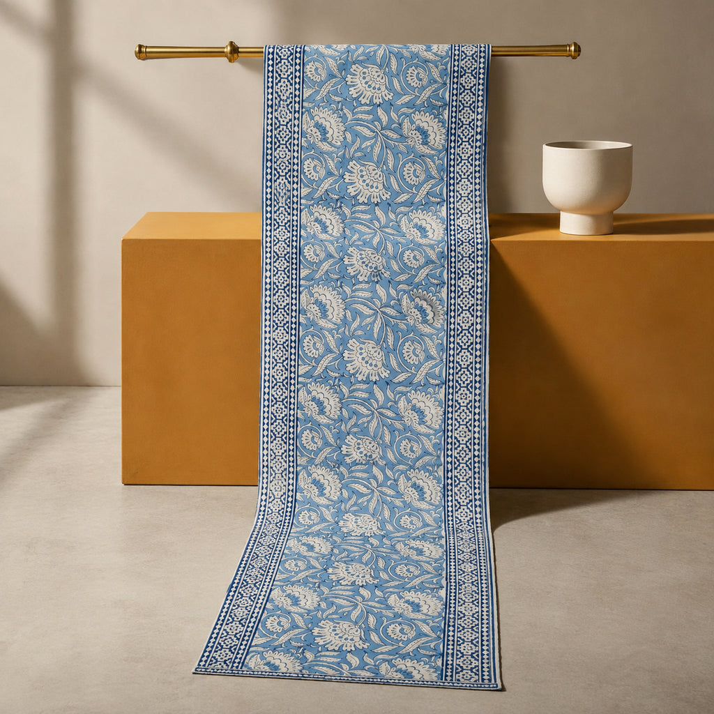 Dusty Blue Floral Vine Table Runner, full-length product view.