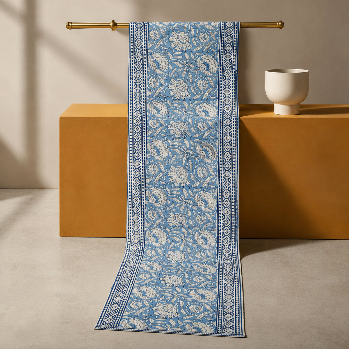 Dusty Blue Floral Vine Table Runner, full-length product view.
