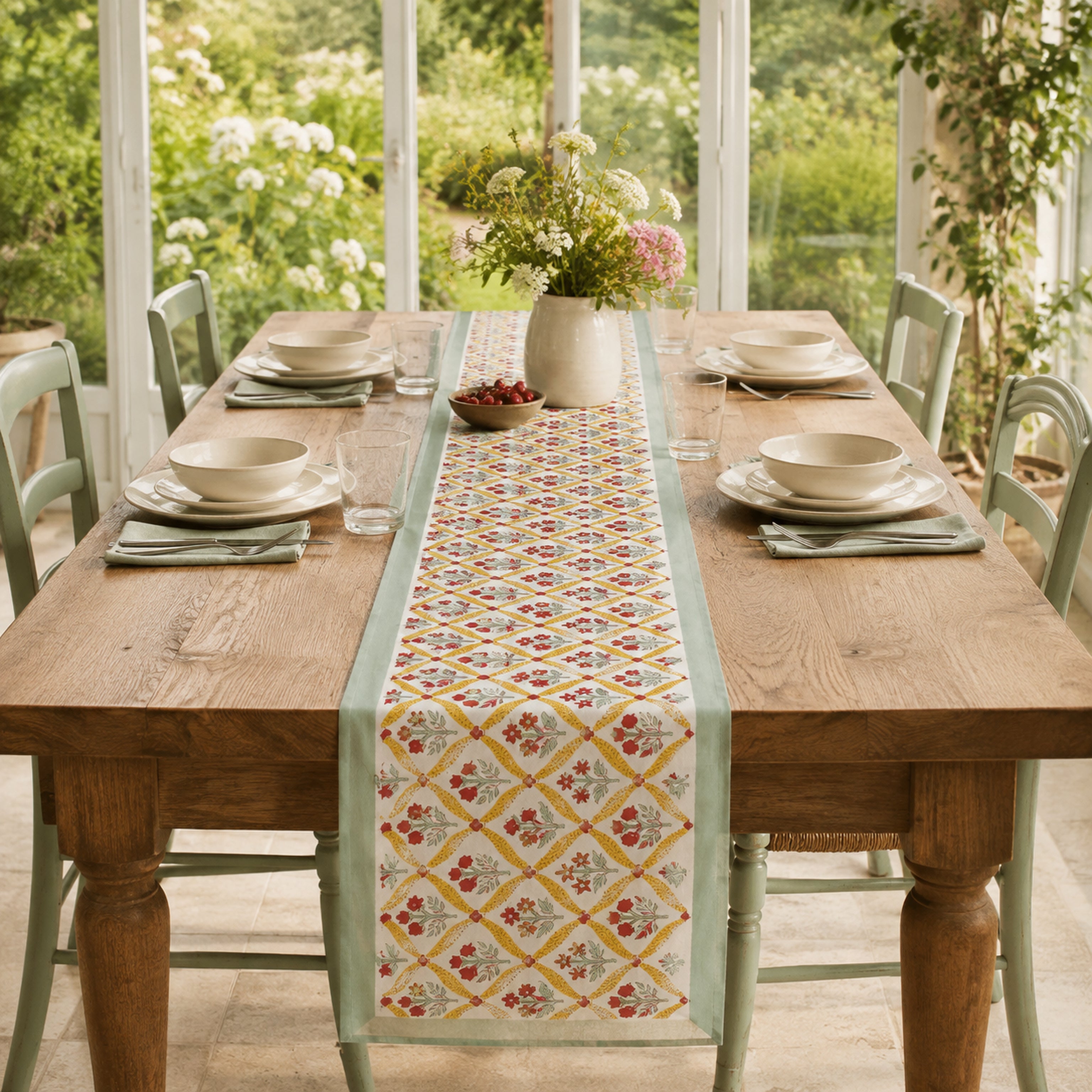 Mint Yellow Red Diamond Floral Table Runner, styled on a dining table.