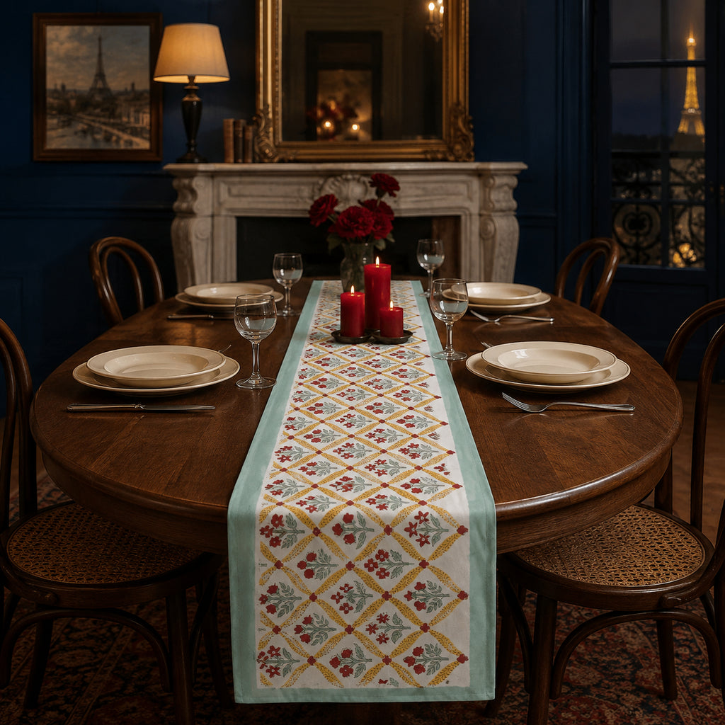 Mint Yellow Red Diamond Floral Table Runner, styled on a dining table.