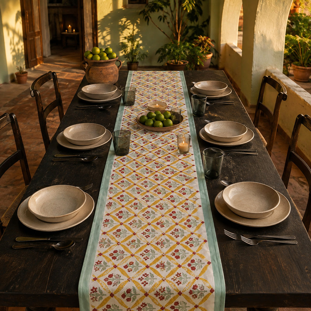 Mint Yellow Red Diamond Floral Table Runner, styled on a dining table.