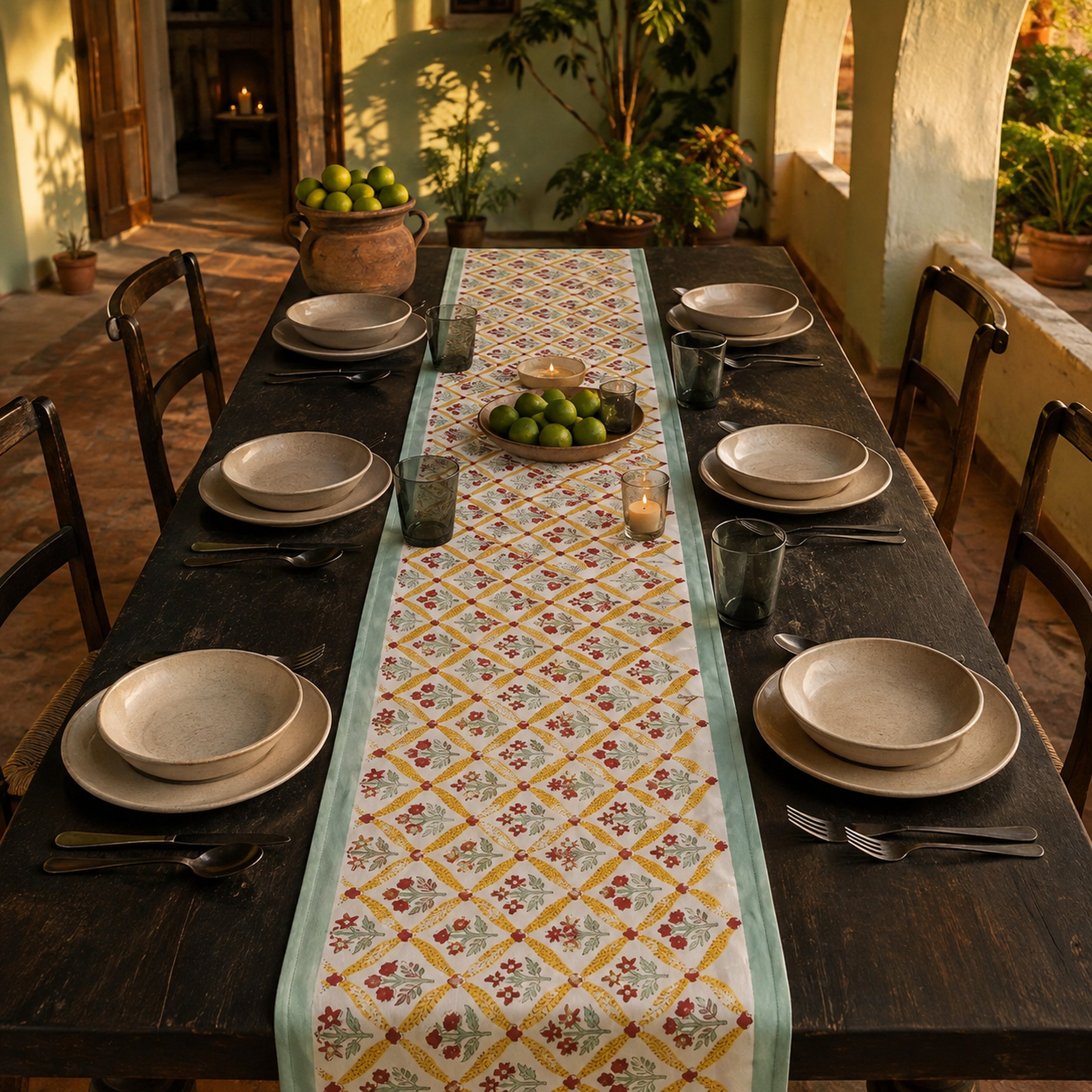 Mint Yellow Red Diamond Floral Table Runner, styled on a dining table.