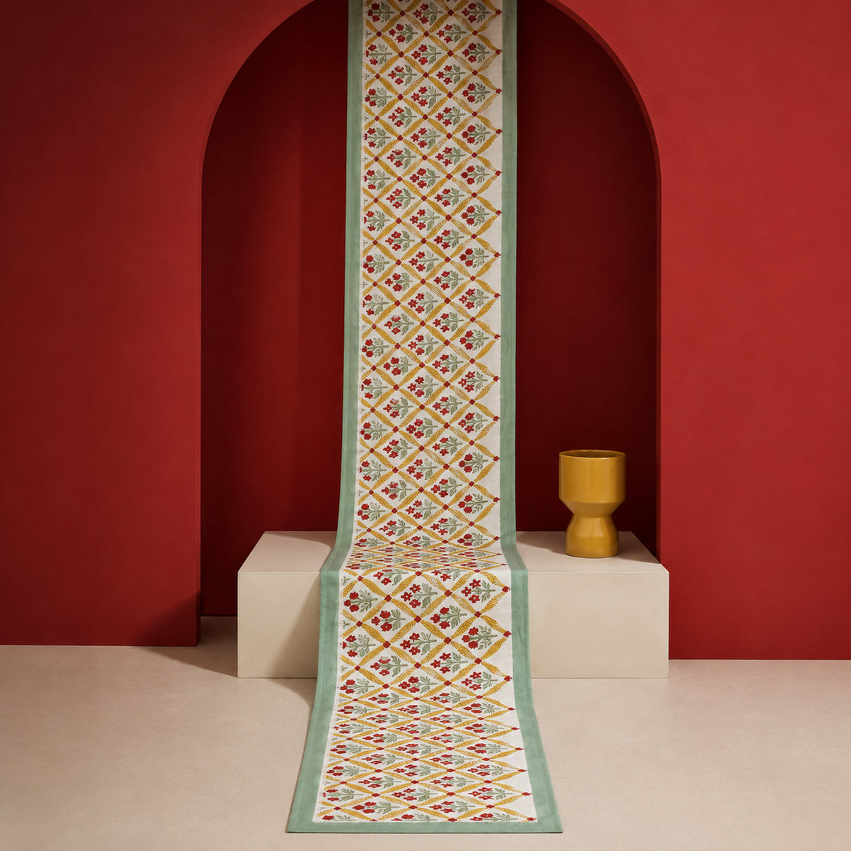 Mint Yellow Red Diamond Floral Table Runner, full-length product view.