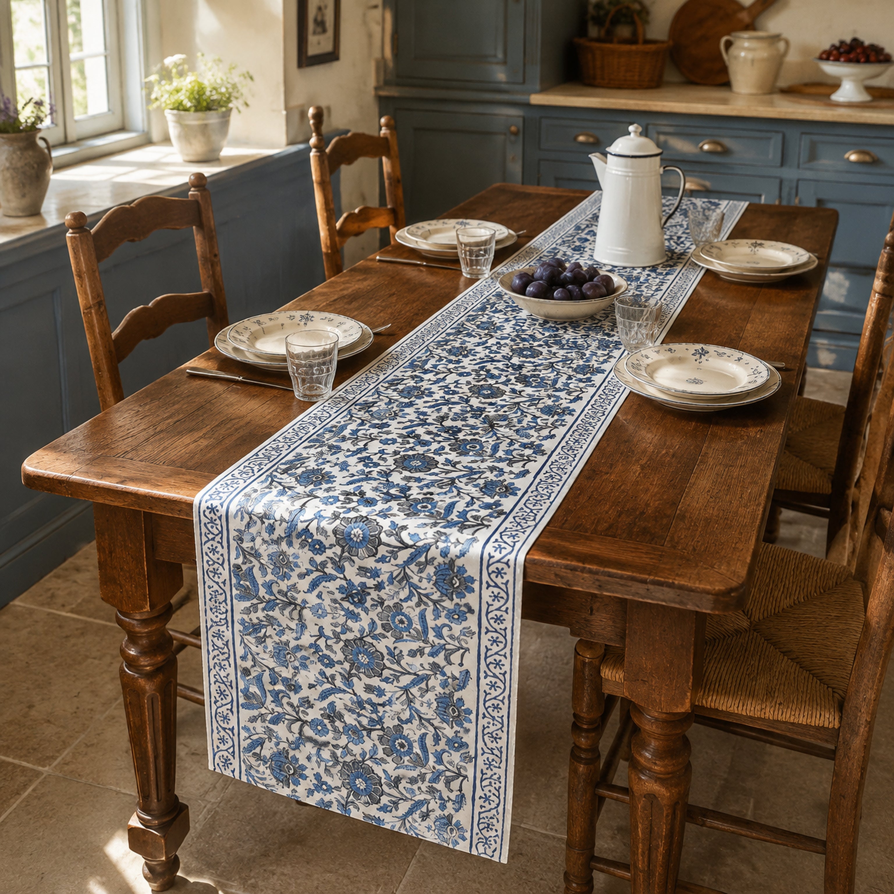Indigo Dense Floral Vine Table Runner, styled on a dining table.