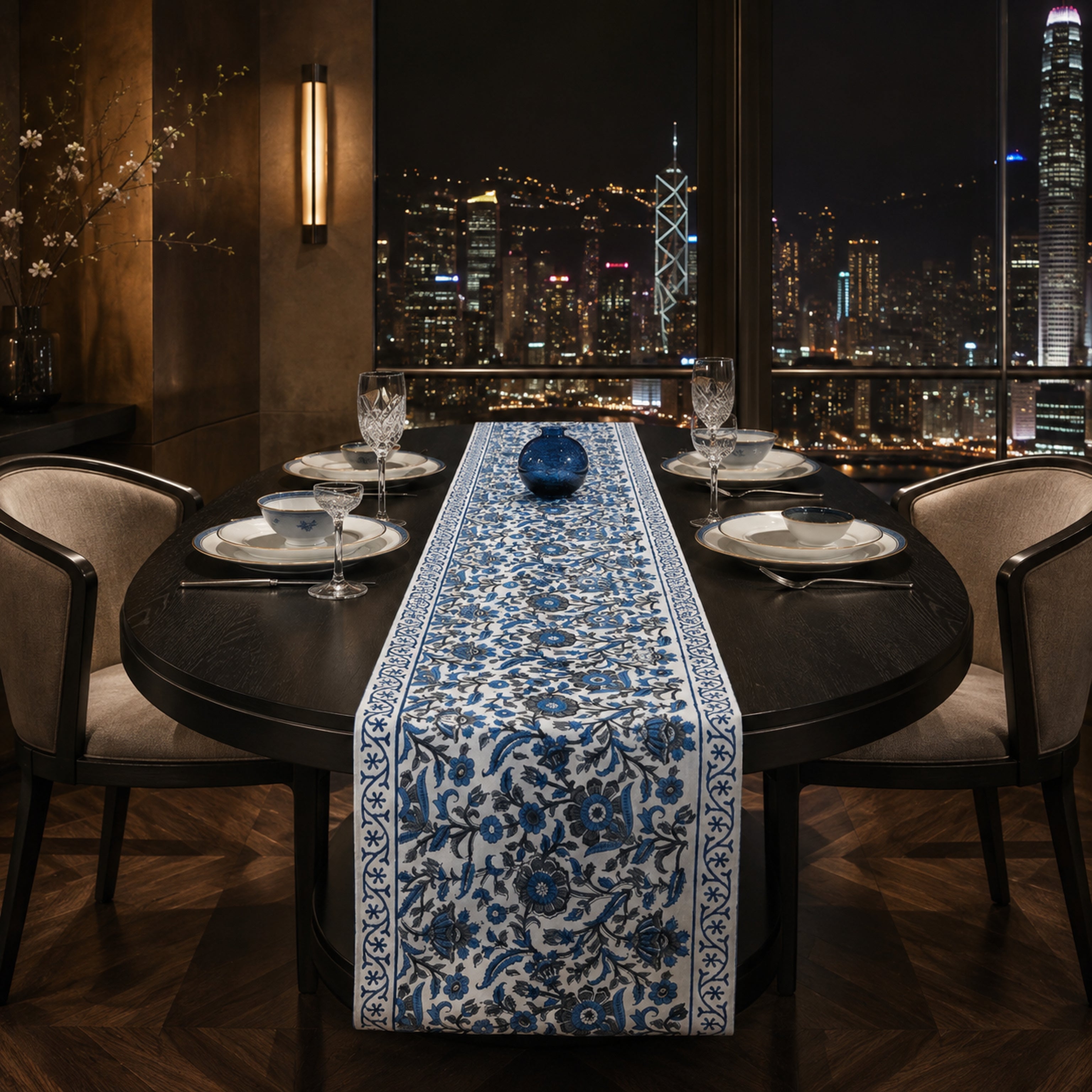 Indigo Dense Floral Vine Table Runner, styled on a dining table.