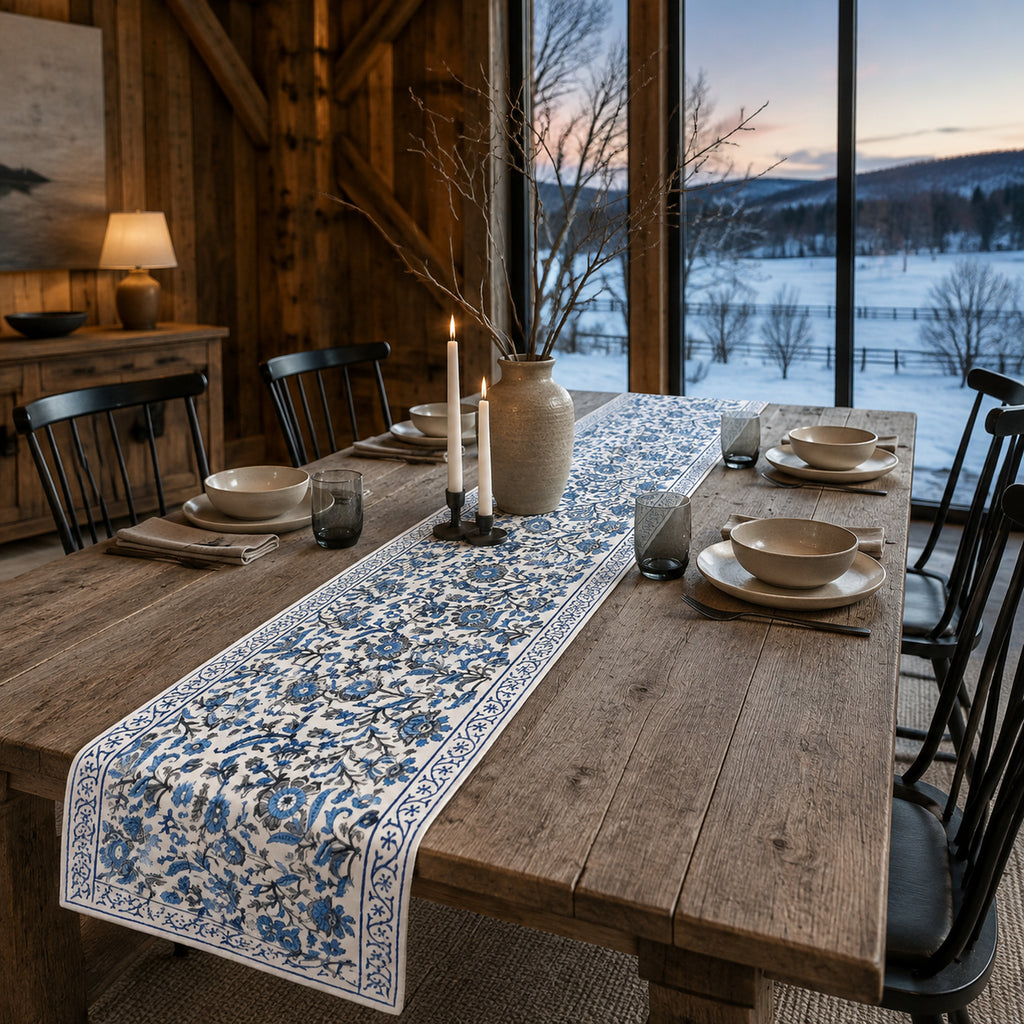 Indigo Dense Floral Vine Table Runner, styled on a dining table.