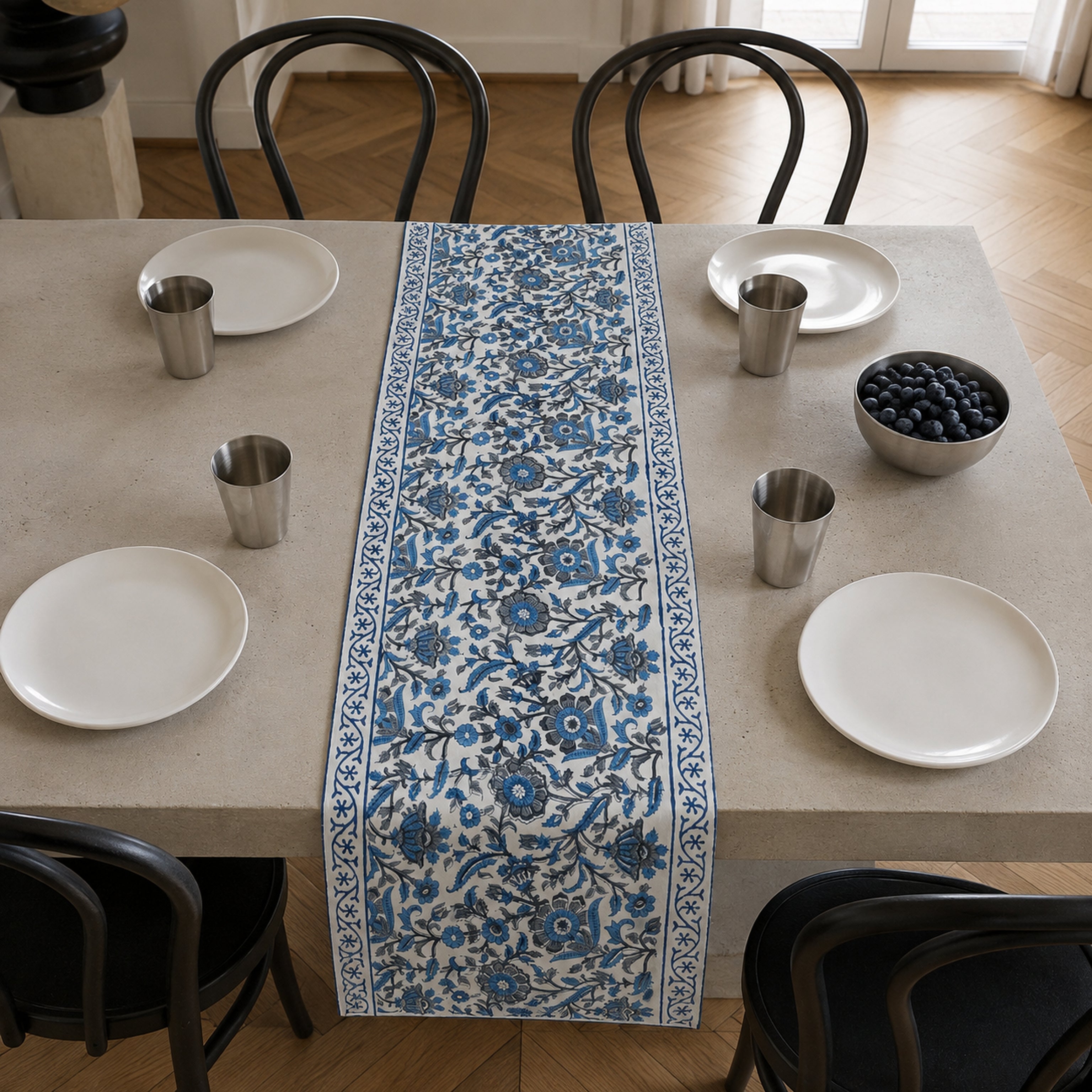 Indigo Dense Floral Vine Table Runner, styled on a dining table.