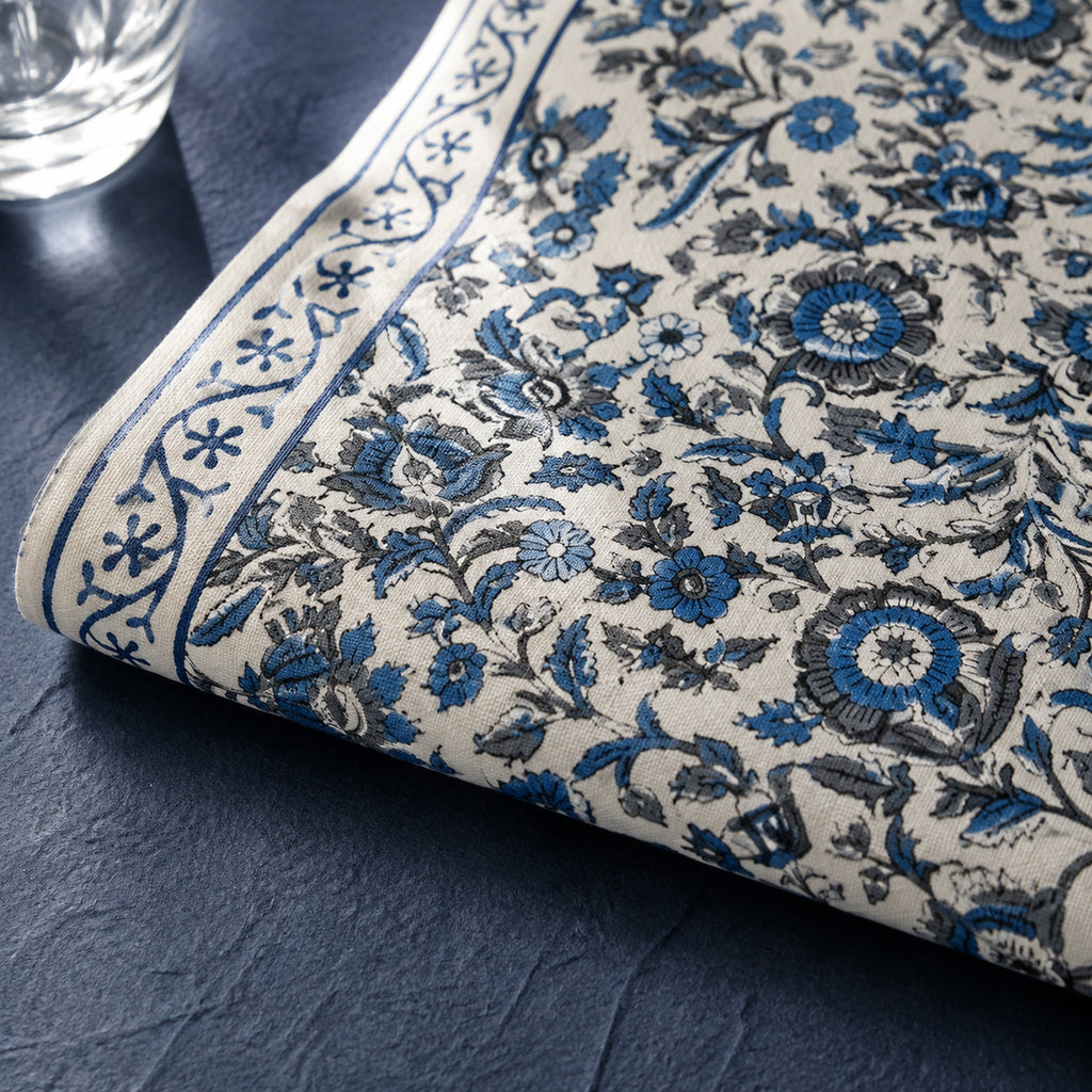 Indigo Dense Floral Vine Table Runner, close-up of the print and edge details.