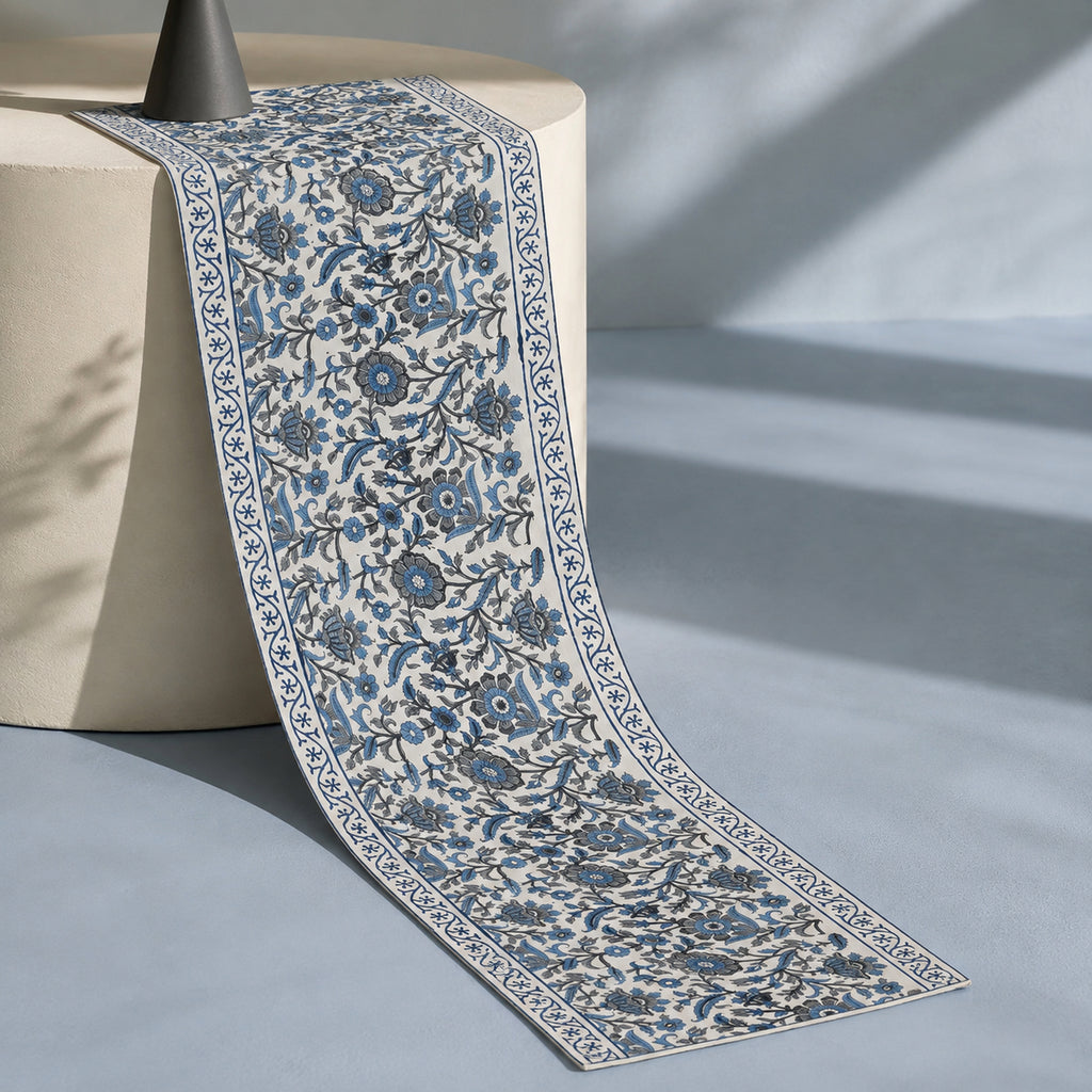Indigo Dense Floral Vine Table Runner, full-length product view.