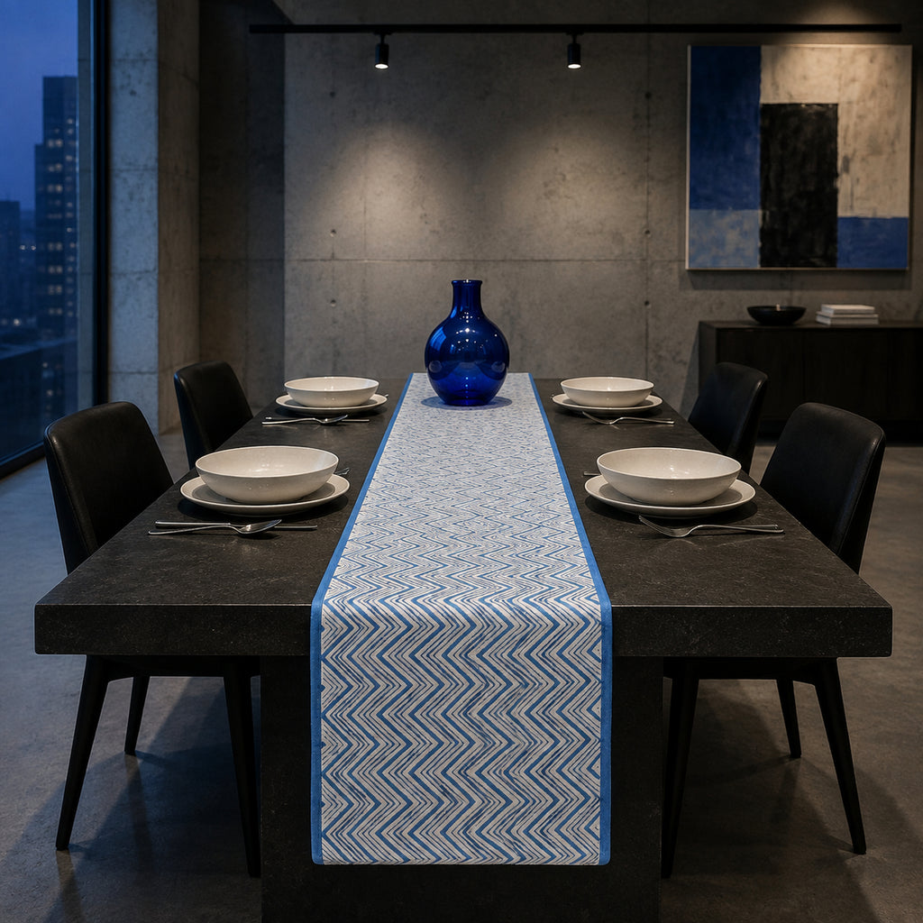 Blue Chevron Table Runner, styled on a dining table.
