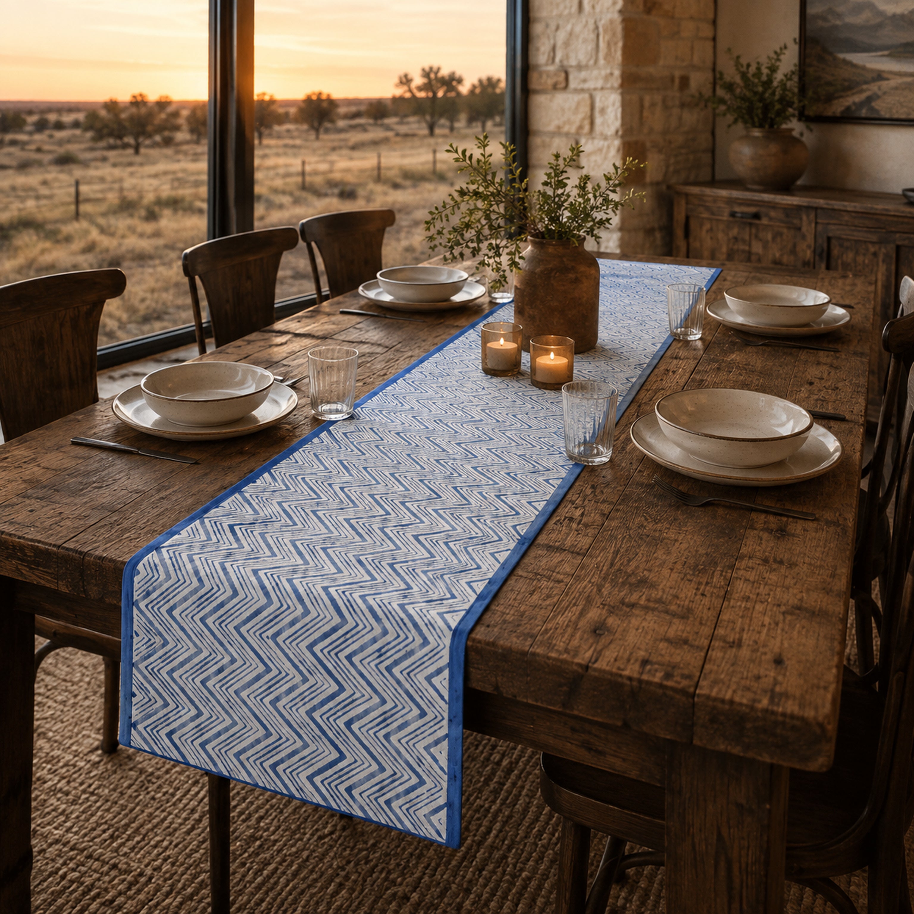 Blue Chevron Table Runner, styled on a dining table.