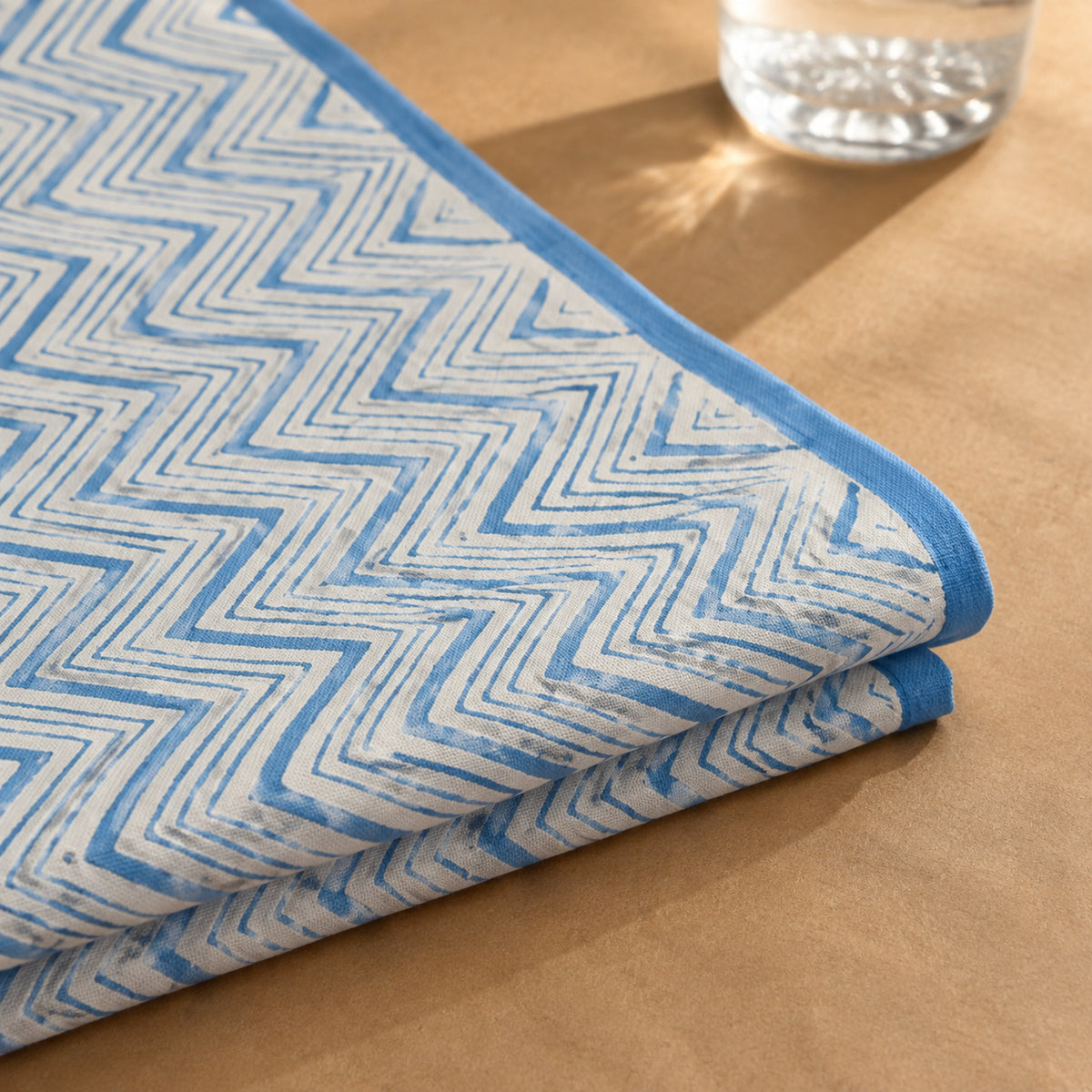 Blue Chevron Table Runner, close-up of the print and edge details.