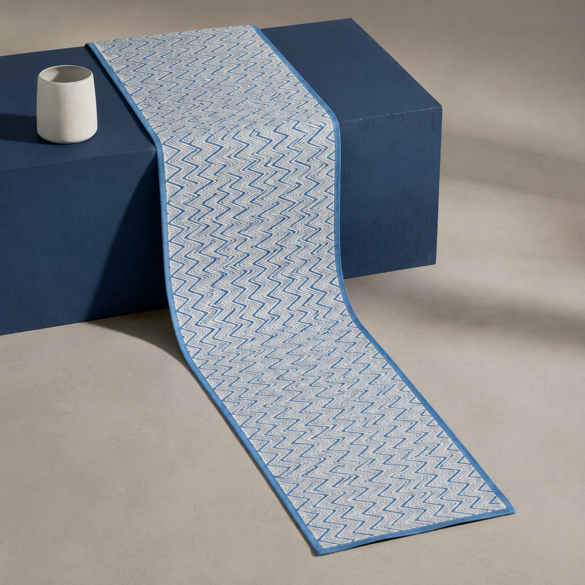 Blue Chevron Table Runner, full-length product view.
