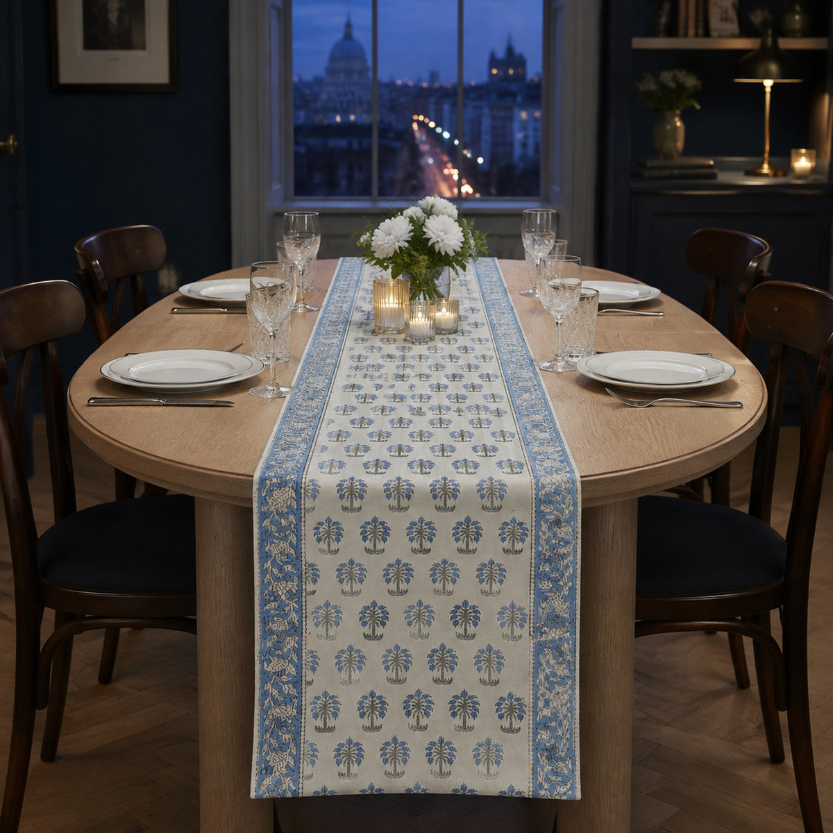 Sky Blue Palm Motif Table Runner, styled on a dining table.