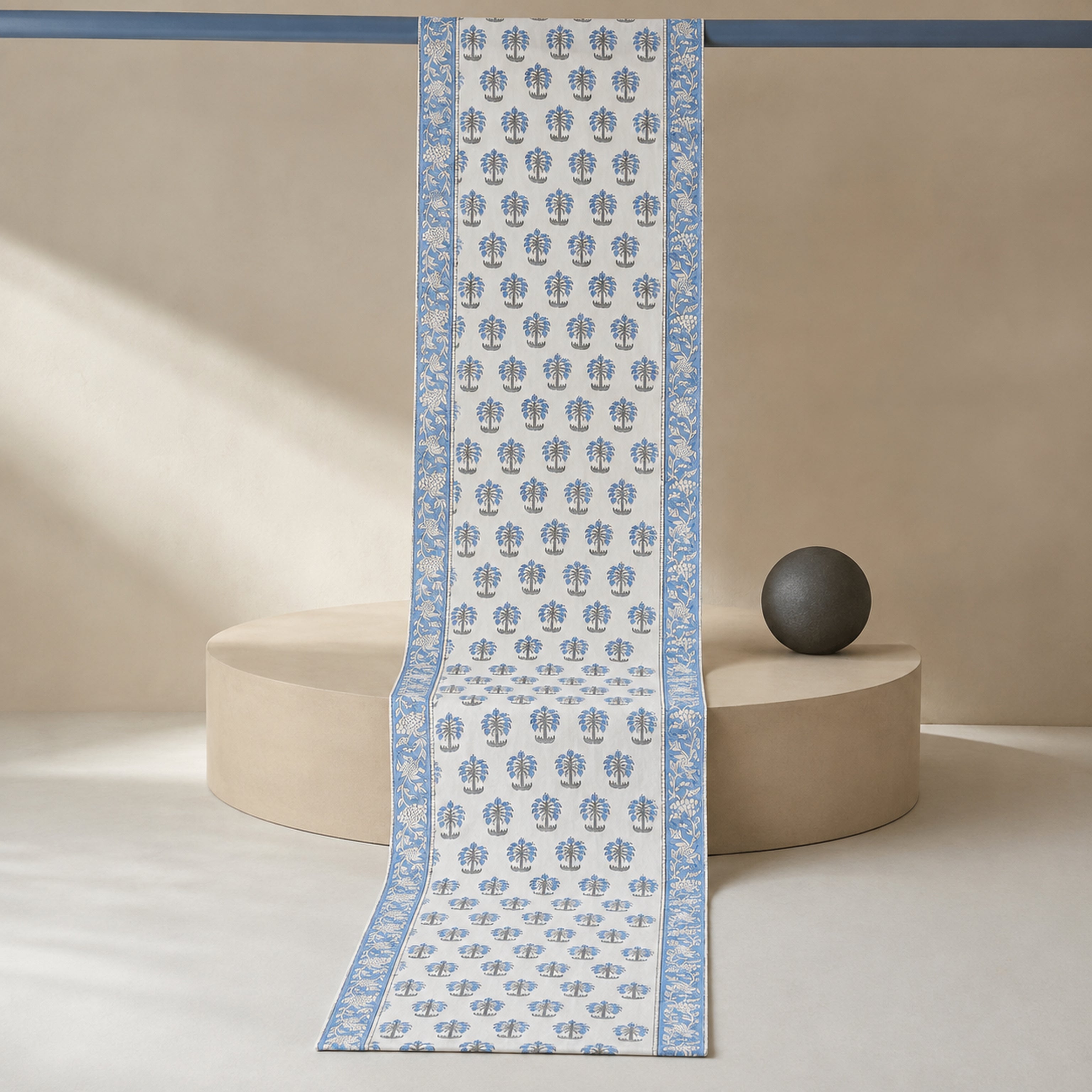 Sky Blue Palm Motif Table Runner, full-length product view.